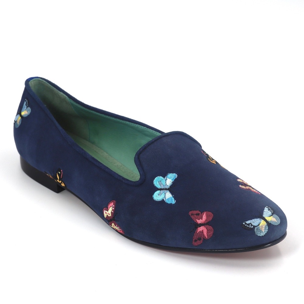 Blue Bird Shoes Womens 11 Navy Blue Suede Butterfly Smoking Flats Loafers NWT